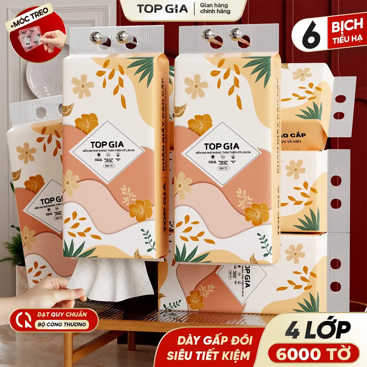 Combo thùng 6 bịch khăn giấy rút đáy Tiểu Hạ TOPGIA VTG86, 4 lớp dày gấp đôi, mềm mịn, bột gỗ tự nhiên, 1000 tờ, tặng 2 móc treo, đạt quy chuẩn của Bộ Công Thương