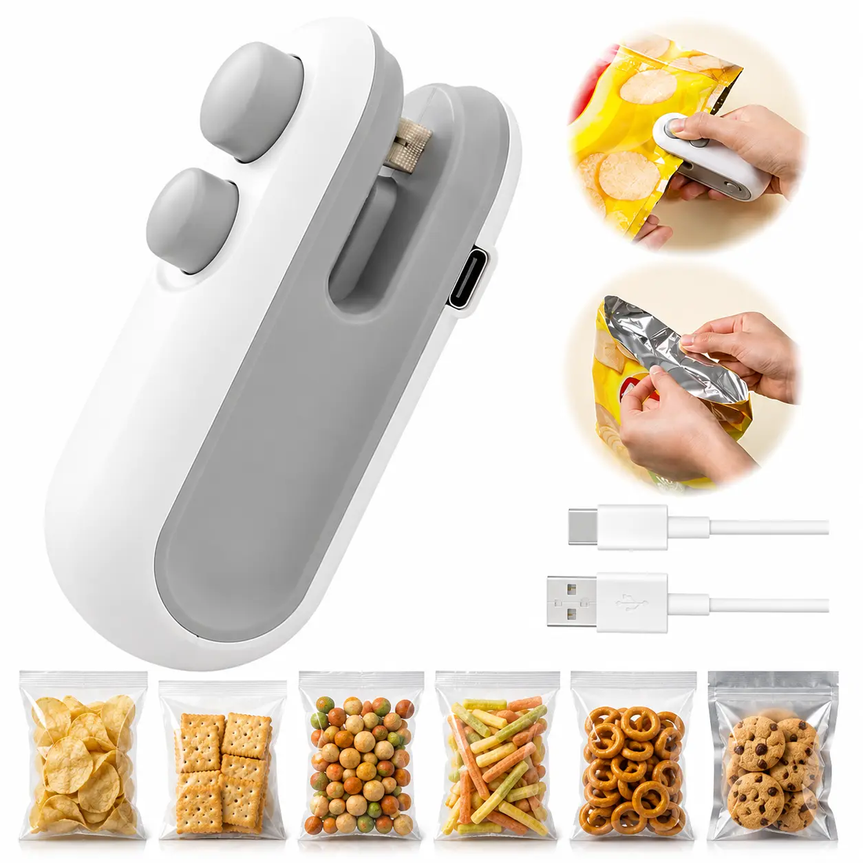 2-in-1 Portable Rechargeable Mini Food Bag Sealer with Concealed Cutter, USB Rechargeable, for Home and Outdoor Use