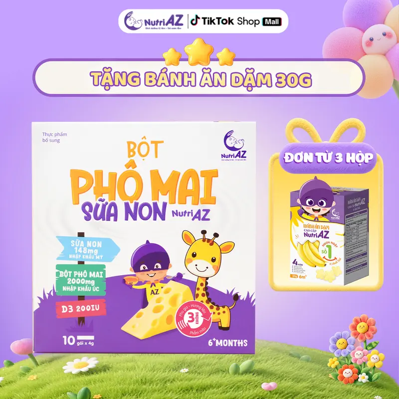 [Hộp 10 gói] Hộp Cheese Sữa Non NutriAZ Dạng Bột Hỗ Trợ Phát Triển Chiều Cao Cho Bé Ăn Dặm - Nguyên Liệu Nhập khẩu