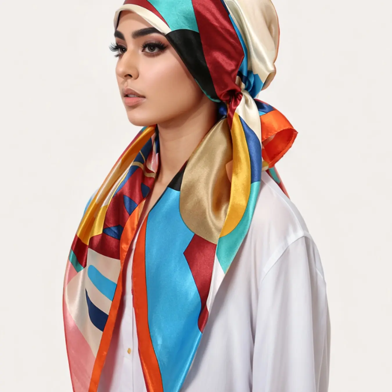 Women's Square Hijab Scarf, Color Block Print Turban, Chemotherapy Sleep Cap, Elastic Head Wrap, Daily Wear, Muslim Accessories