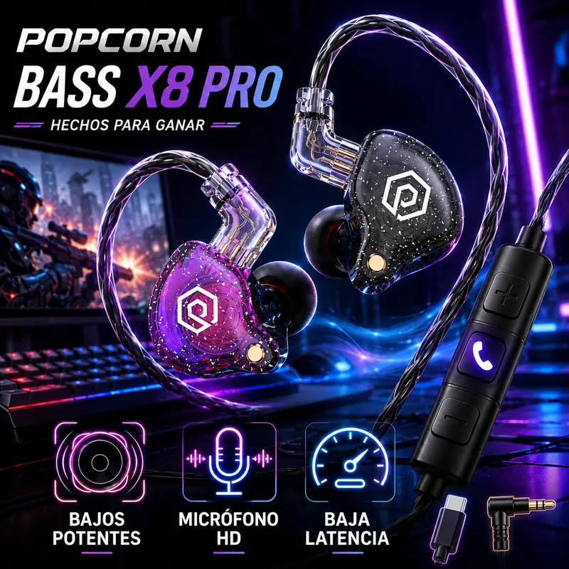 Fones de ouvido intra-auriculares IEM Popcorn Bass X8 Pro com fio e microfone, graves profundos, para jogos de PC e escritório