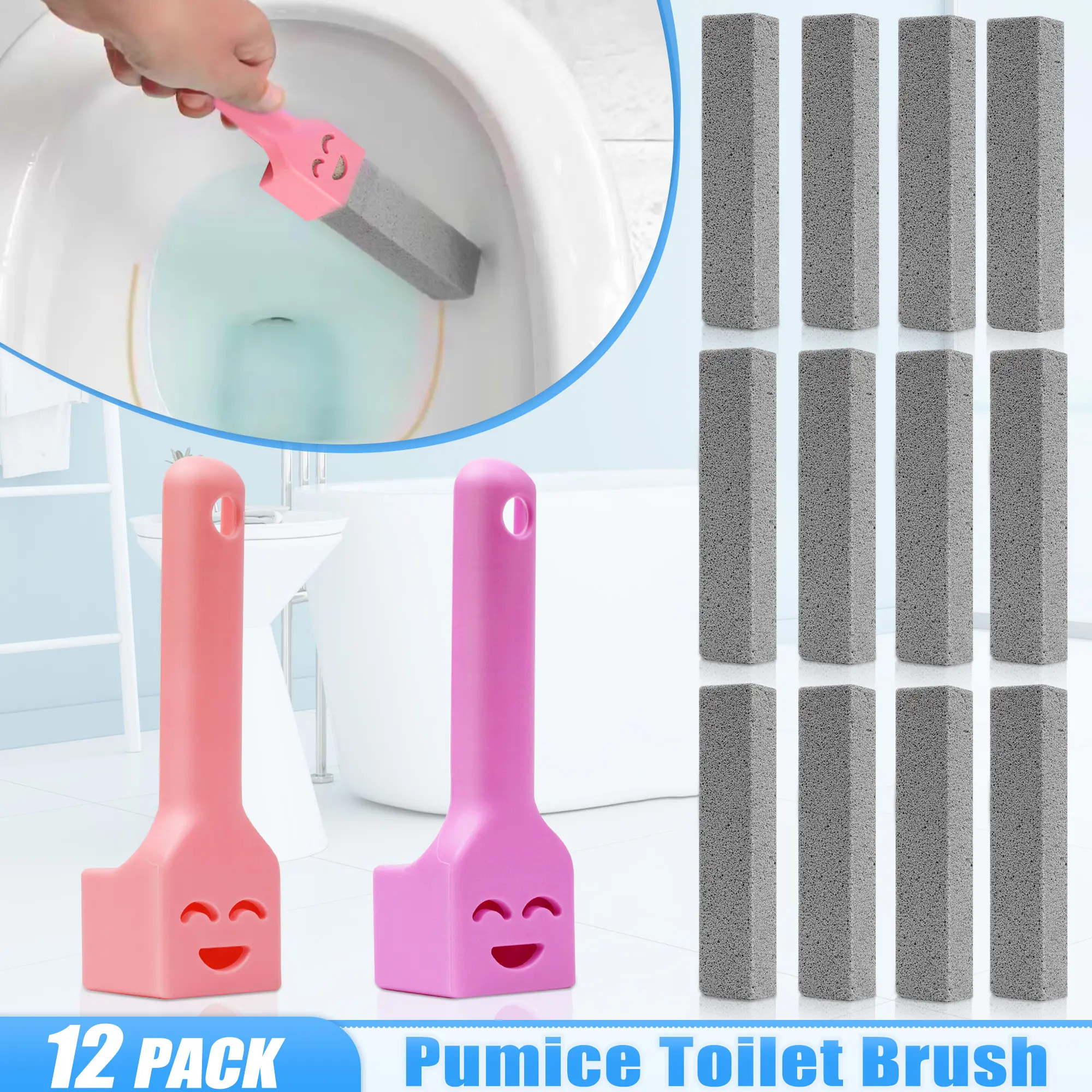 12 PCS Sikat Batu Apung Bergagang Panjang, Pembersih Kerak Melingkar dan Kapur pada Kloset, Aman untuk Porselen, Dapat Digunakan Kembali untuk Toilet, Ubin, Bak Mandi, Kolam Renang, dan Dapur