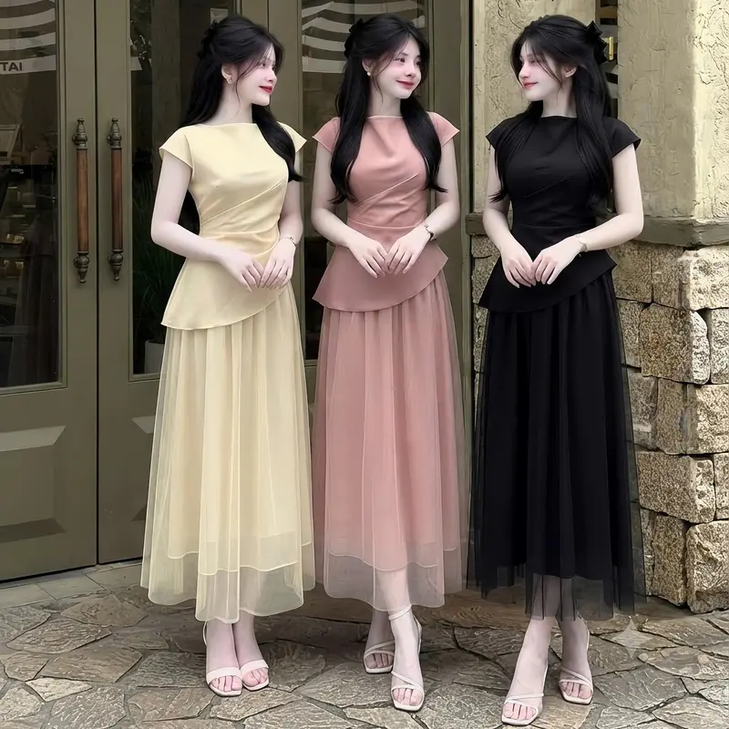 A127 Set áo và chân váy Xếp Ly Eo tà chéo phối chân váy lưới