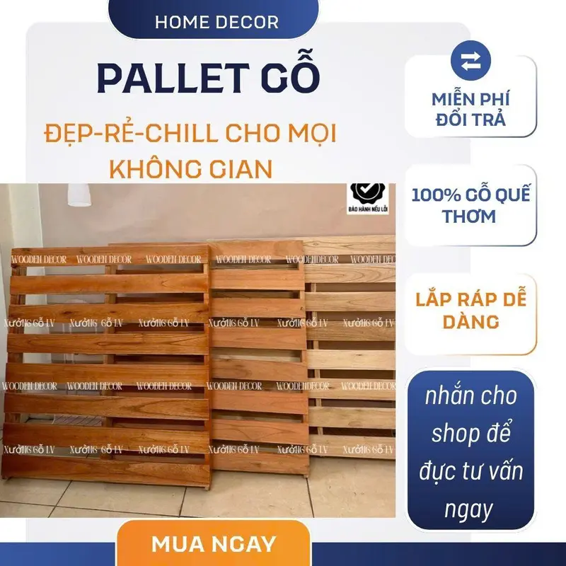 Giường ngủ pallet gỗ tự nhiên cao cấp, Giường pallet gấp gọn hở chân, gỗ mới cao 10cm - HOMDECOR