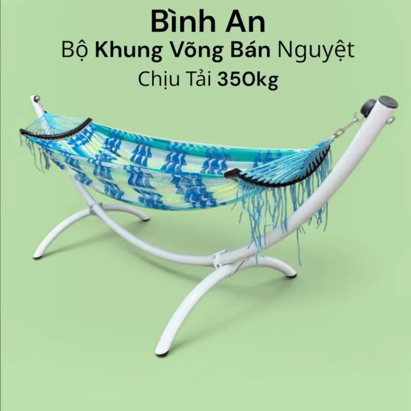 Bình An Half-Moon Hammock Frame, 350kg Capacity, 1.5mm Thick 50mm Round Steel Tubes, Powder-Coated Finish, 100% Polyester Mesh, 3-Year Warranty