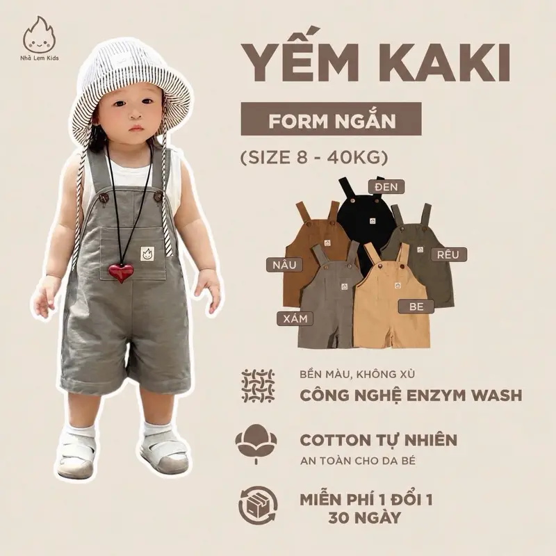Yếm kaki vintage basic cho bé trai và bé gái, quần yếm form ngắn mùa hè mềm mịn, ít nhăn phong cách Hàn Quốc