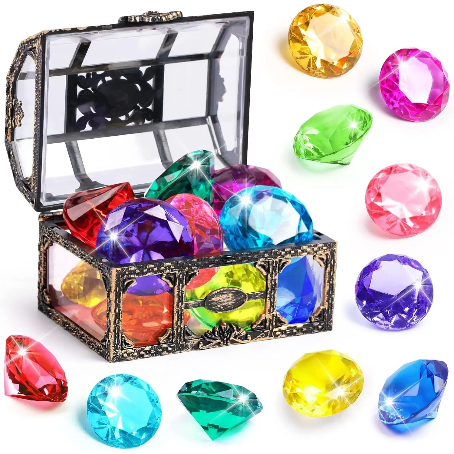 Juguetes para Piscina de Gemas de Buceo de Colores Aleatorios, 10pcs Diamantes Coloridos y 1pc Pecho de Tesoro de Pirata, Juguete de Buceo para Niños, Regalo de Entrenamiento de Natación de Piedras Preciosas Subacuáticas
