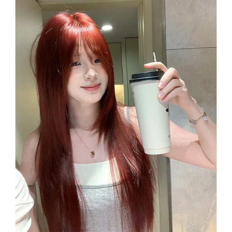 GDS Wigs 와인 레드 레이어드 스트레이트 가발, 앞머리 포함, 길이 75cm