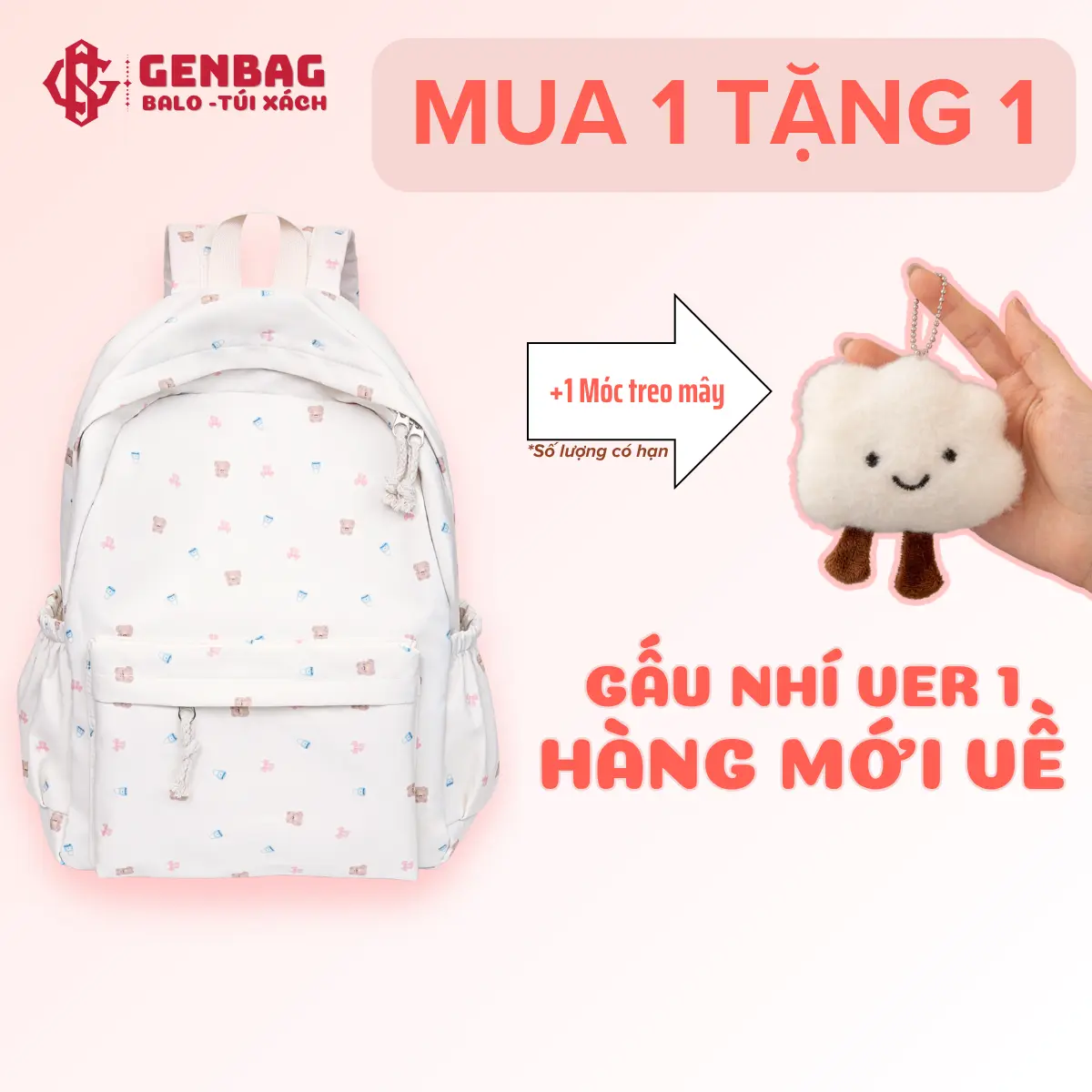 GENBAG Kinder-Rucksack mit Bärenmotiv, süßer modischer Schulrucksack für Mädchen, mehrere Fächer, wasserabweisender Stoff, passend für 14.5-Zoll-Laptop, BL03