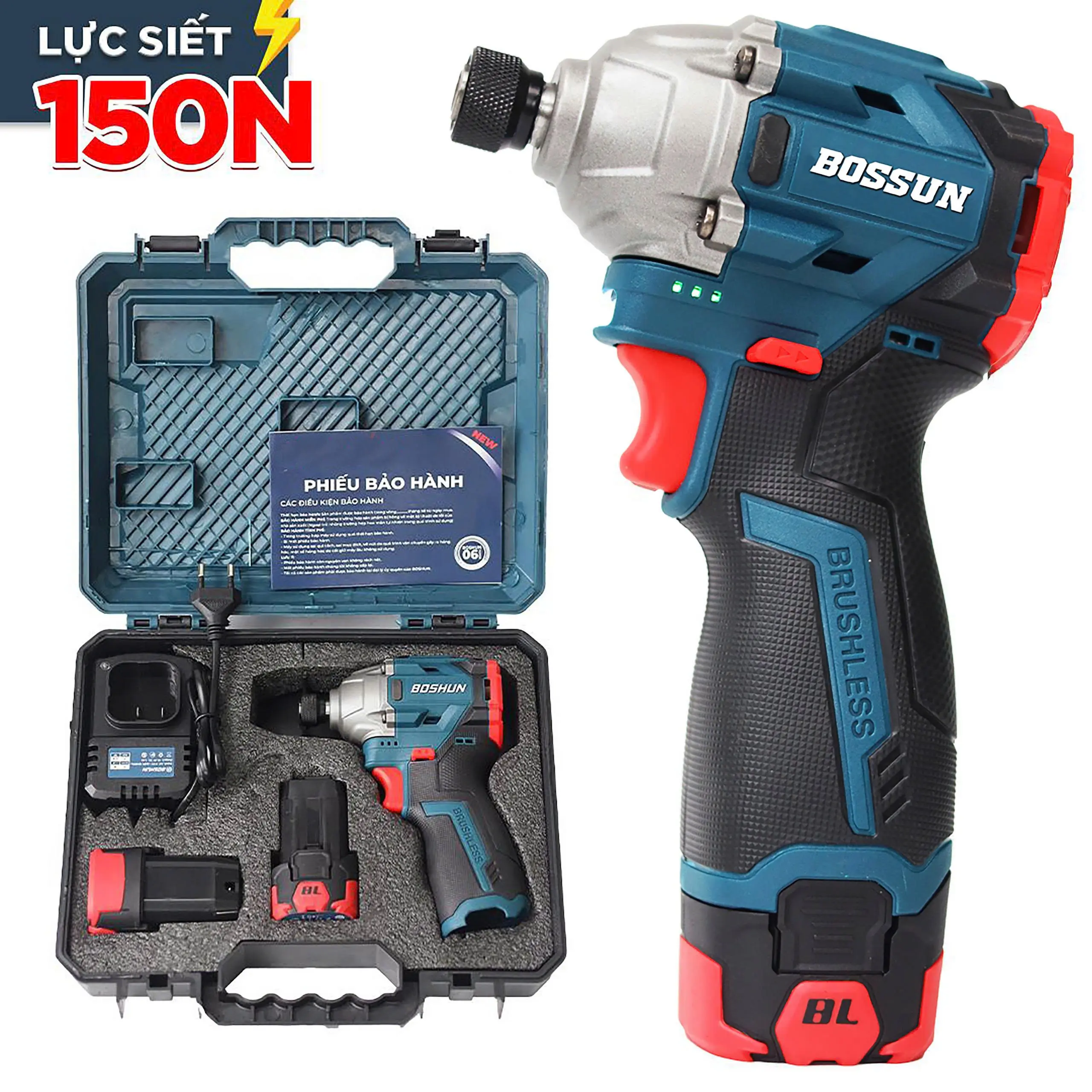 Máy Bắn Vít Bossun 150N.m - BS-SD150N - 3 Tốc Độ - Động Cơ Từ - 2 Pin 16.8V/2Ah - Đầu 1/4 - Nhỏ Gọn Chuyên Dùng Làm Nhôm Kính, Làm Mộc, Nội Thất...