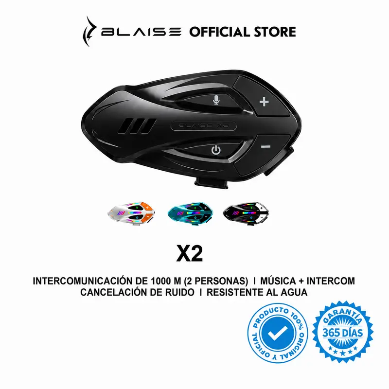 BLAISE X2 Intercomunicador para Casco con Doble Chip Bluetooth 6.0, Música y Comunicación Simultáneas, Resistencia al Agua IP66 y Luces RGB, Alcance 1000m
