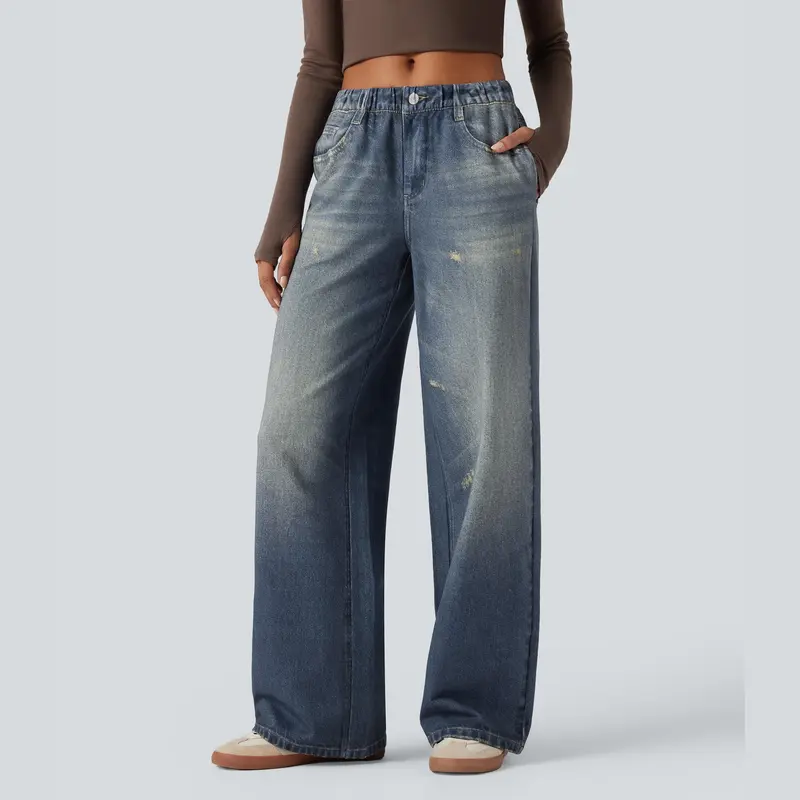 Halara Casual-Sweathose mit Denim-Print, mittelhohem Bund, French Terry und Taschen im Jeans-Look