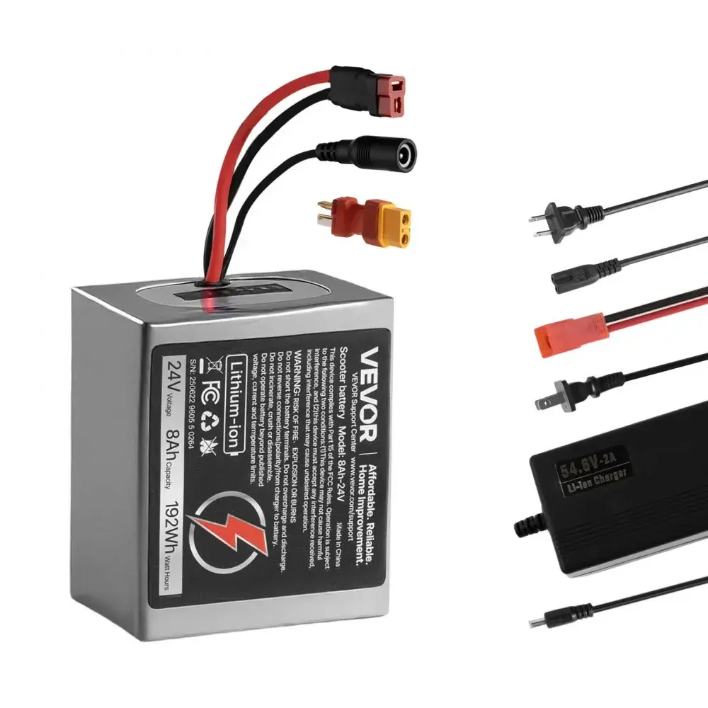 Batería VEVOR de 24 V y 8 Ah para scooter eléctrico y bicicleta eléctrica, paquete de litio con BMS de 30 A, cargador y cable de extensión con conector T, más de 500 ciclos, compatible con motores de 1920 W