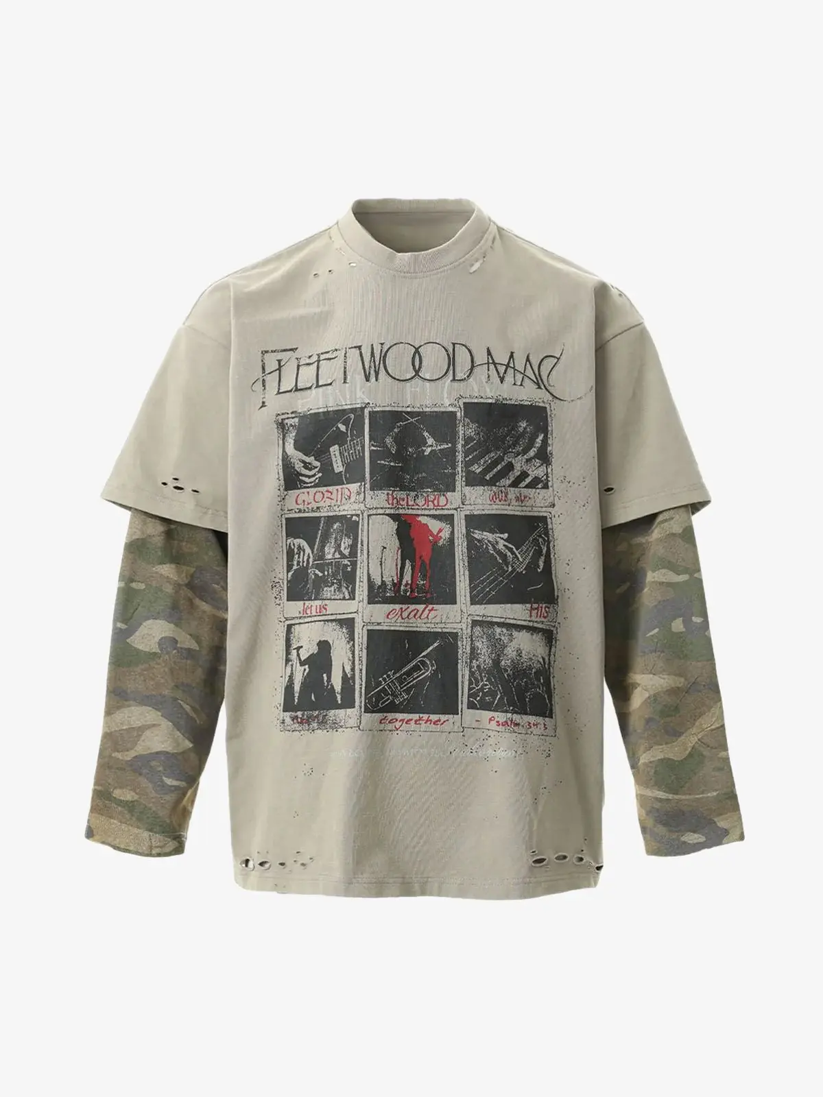 Supermade Streetwear Graphic Fake Two-Piece Distressed Shirts Letter Long Sleeve Grunge Tee Clothes
