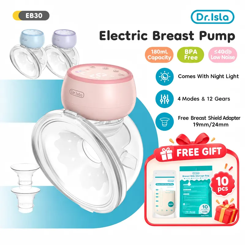 【Hadiah Gratis】Pompa ASI Elektrik Dr.Isla EB30 Hands-Free dengan Lampu Malam LED, Isi Ulang, Nirkabel, dan Penutup Debu