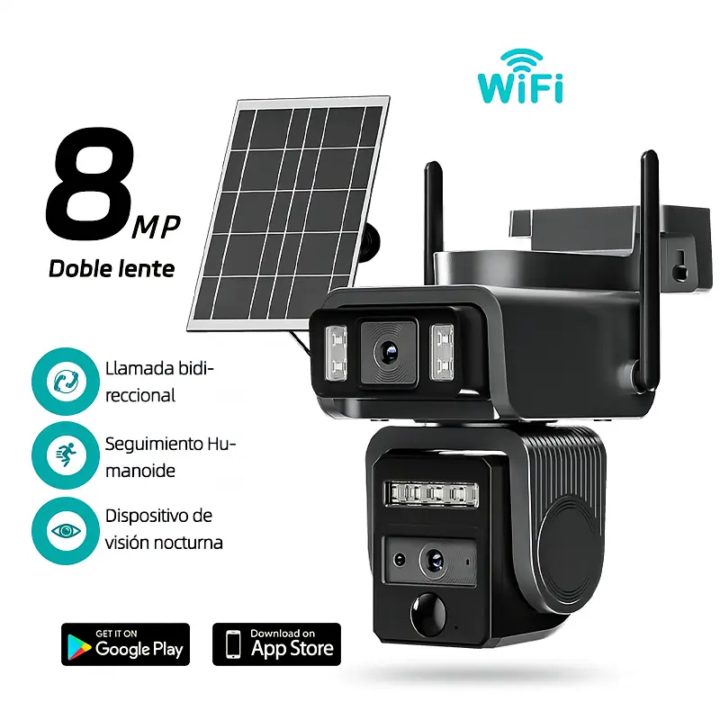 ICAM365 Cámara WiFi de Seguridad Solar Exterior con Lente Dual y Batería 8000mAh - Modelo AJ19-WiFi, 8MP Ultra HD, 360° Panorámica, Visión Nocturna a Color, Alarma Sonora, Comunicación Bidireccional, Sin Mensualidad (Tarjeta SD/Gratis 7 Días), IP66, Fácil Instalación 1 unidad
