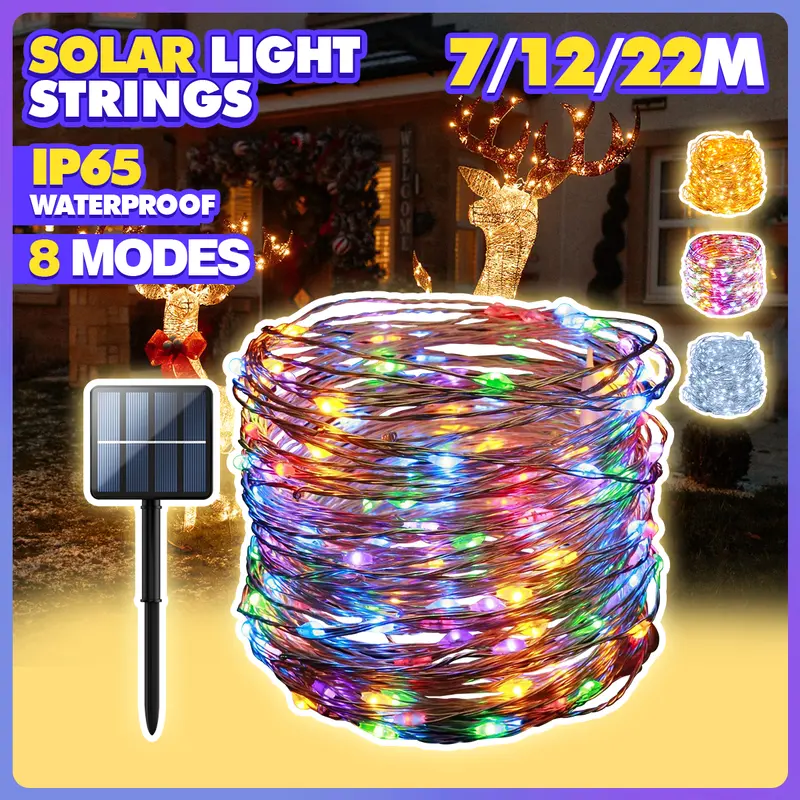 Guirnalda de luces LED solares para exterior, impermeable, de 7/12/22 m y 8 modos, para decorar el hogar en Navidad