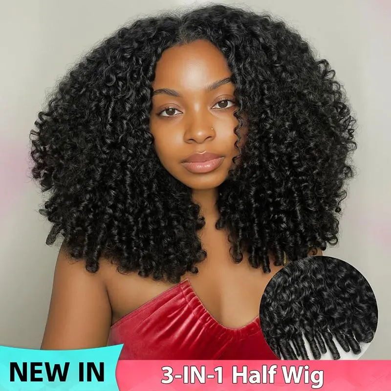 Lemoda Burmese Curly Human Hair Half Wig for Women, 200 Density, 3-in-1 Glueless Flip-Over Style with Spiral Ends, Natural Colour