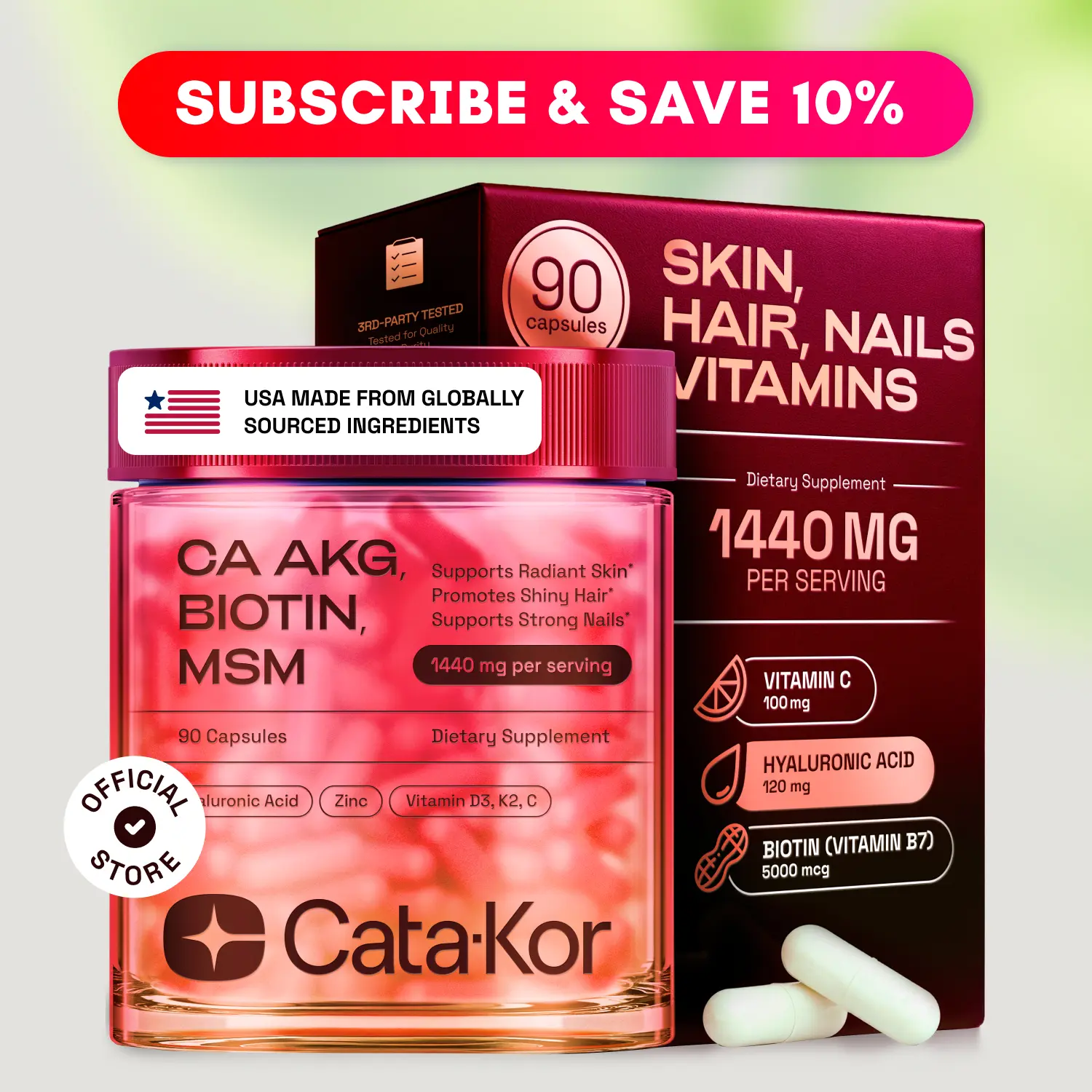Cata-Kor Skin, Hair & Nails Supplement – Ca AKG | MSM | Hyaluronic Acid | Biotin – Mendukung Kulit Bercahaya, Rambut Berkilau & Kuku Kuat – Kompleks Kecantikan, Suplemen Makanan