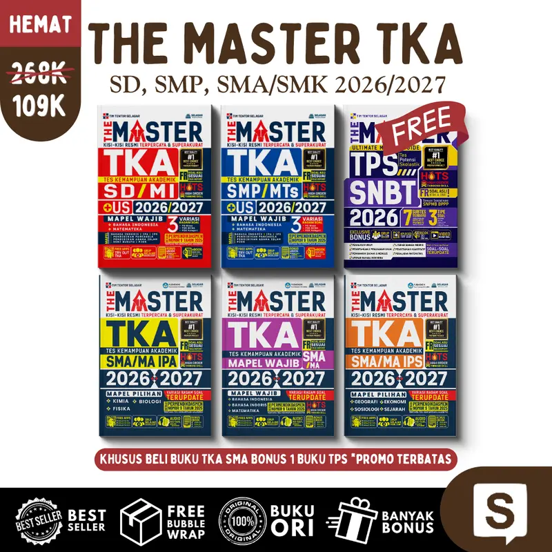 solusibuku THE MASTER TKA 2026–2027 Exam Preparation Book for SD, SMP and SMA, Based on the SELASAR Exam Outline, Softcover