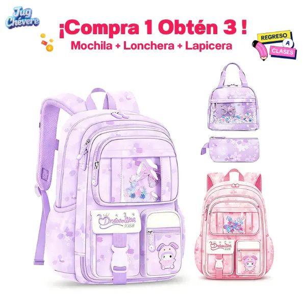Tas Ransel Sekolah Anak Perempuan SD 3 Pcs – Ransel + Tas Bekal + Tempat Pensil | Tahan Air, Kapasitas Besar, Melindungi Punggung | Gaya Kawaii Pelangi dengan Glitter dan Pita | Pita Reflektif untuk Keamanan | Merah Muda dan Ungu Púrpura | Kembali ke Sekolah