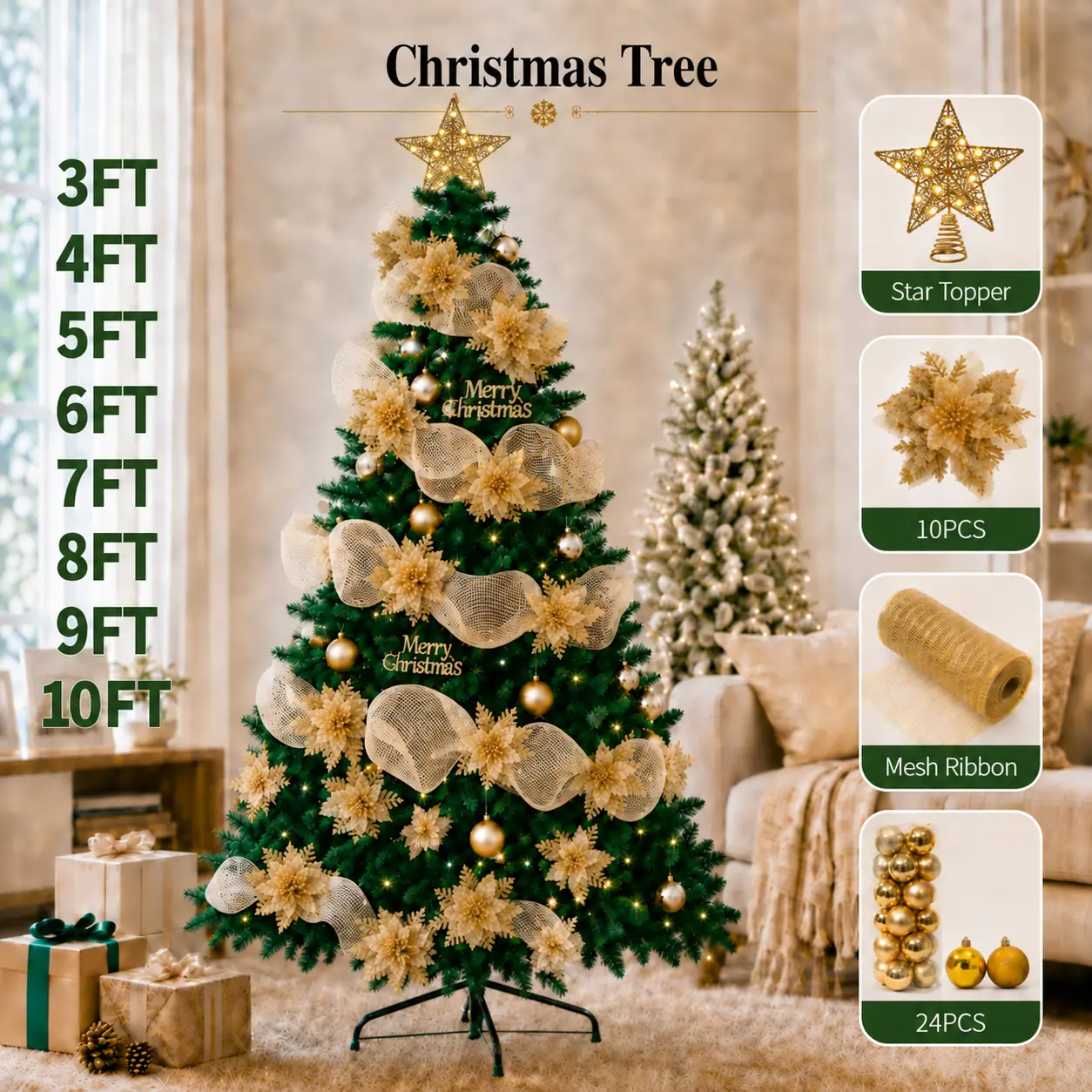 【All Sizes 2–10FT】Christmas Tree Full Shape PVC 2000 Tips with Metal Stand Green Pine Snow X-Mas Tree 10 FT for Holiday Decoration