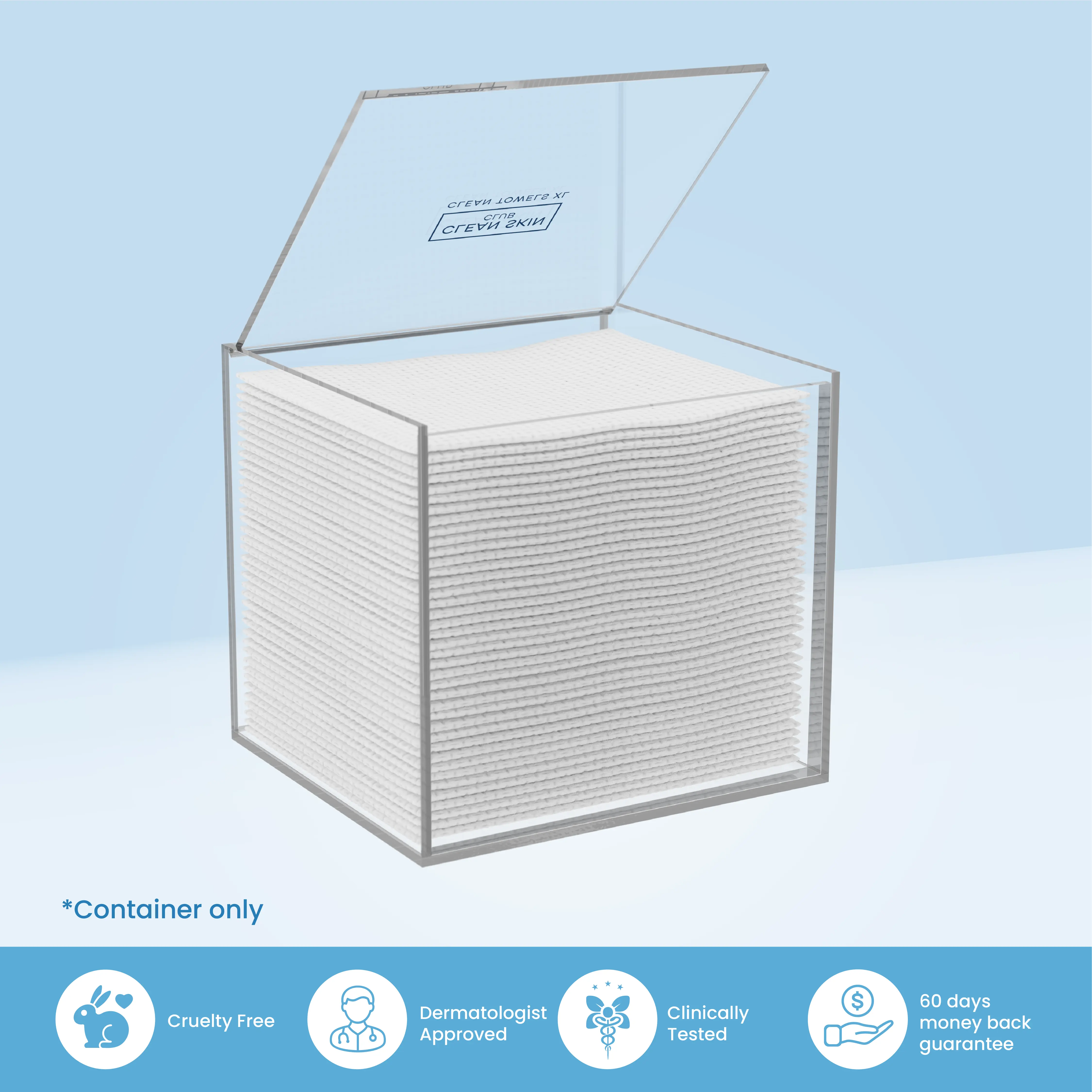 CLEAN SKIN CLUB Clear Acrylic Storage Box for 50 Clean Towels XL, Towels NOT Included