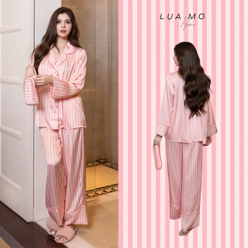 Lụa Mơ LM143 Women's Pink Striped Vest-Style Satin Pajama Set