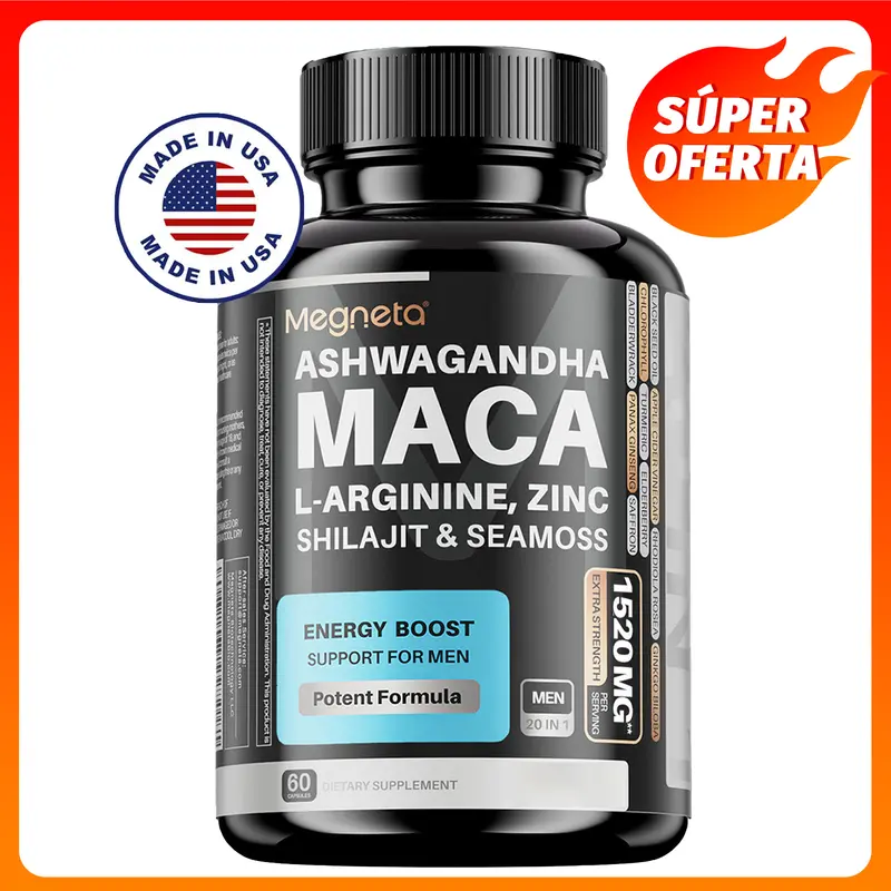 Thực phẩm bổ sung cho nam giới chứa Maca, Ashwagandha, Sea Moss, Shilajit, L-Arginine và L-Citrulline – hỗ trợ sức sống, năng lượng và sức khỏe hằng ngày – sản xuất tại Mỹ – 60 viên nang