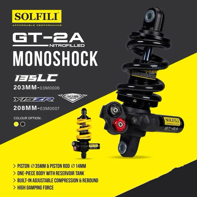 Monoshock ajustable SOLFILI GT-2A para Y15ZR / Y16ZR / LC135 / RS150 / RSX150, 203 mm / 208 mm / 229 mm