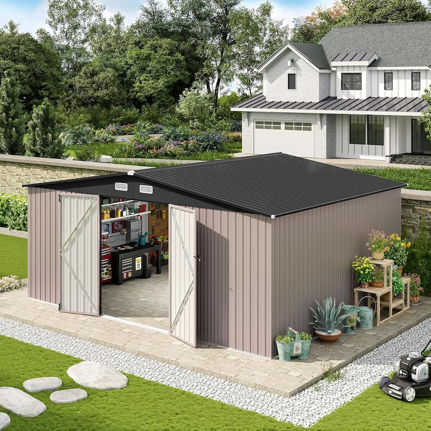 Aoxun 10×12ft 重型镀锌金属户外储物棚，多尺寸，黑色/棕色，多材质，含底座、可上锁门及斜顶，防水耐用，适合渔具、烧烤用品及泳池边收纳