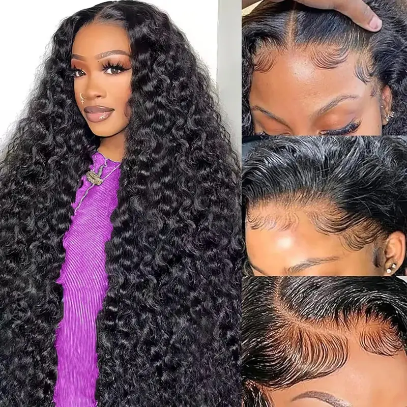 220 Density Deep Wave Human Hair Lace Front Wig, 20–34 Inches, 13x6 HD Lace, Pre-Plucked, Natural Black
