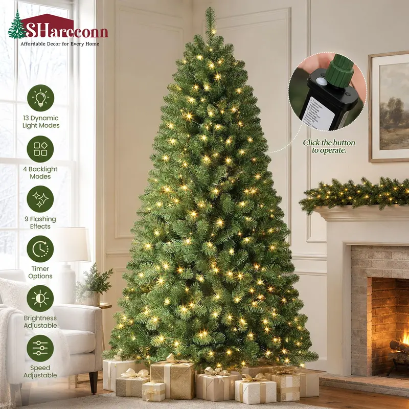 SHareconn 2026 prelit hinged artificial Christmas tree, 4/6/7.5 ft options, warm white twinkling lights, 13 modes, no remote control