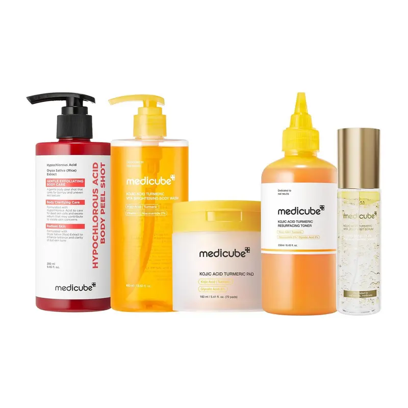 [medicube] Smooth & Clear Body Care Set | Hypochlorous Acid Body Peel Shot, Kojic Acid Turmeric Body Wash, Toner Pad, Toner, Mist | Exfoliating for Dead Skin Cells & Excess Sebum & Clearing for After Spots, Texture & Uneven Skin Tone | K-Beauty