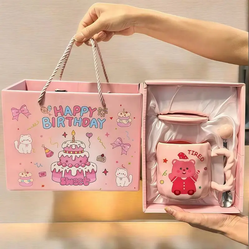 Loppy 캐릭터 뚜껑 달린 420ml 세라믹 머그컵 선물 세트, 스푼·선물 상자 포함, 고급 품질, 명절 선물용