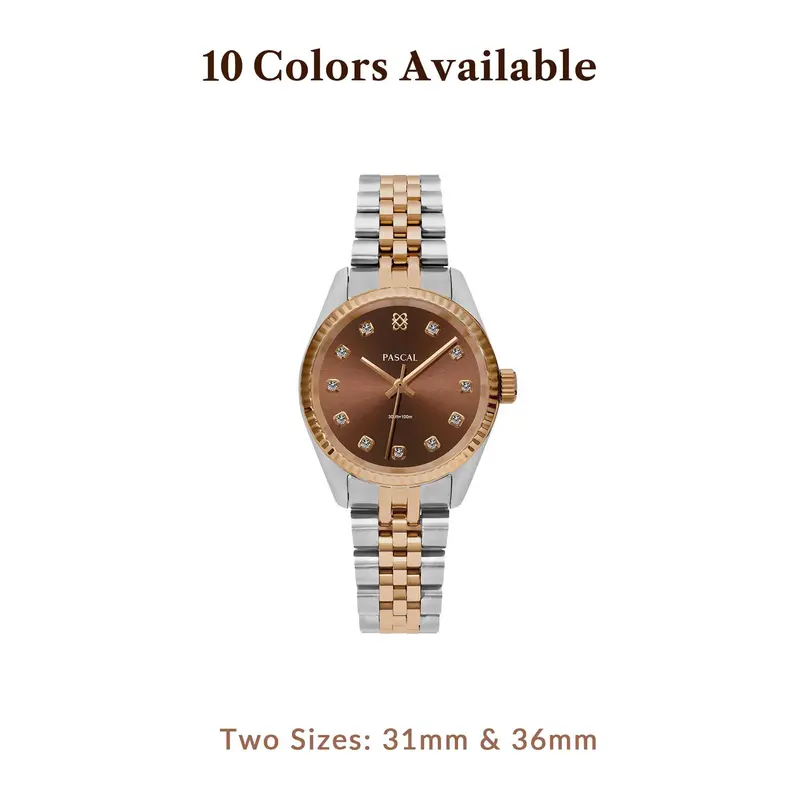 PASCAL Timeless Classic Diamond Watch for Women and Men, 31mm or 36mm, White Lab-Grown Diamonds, Swiss Ronda 763 Quartz Movement and Stainless Steel Bracelet