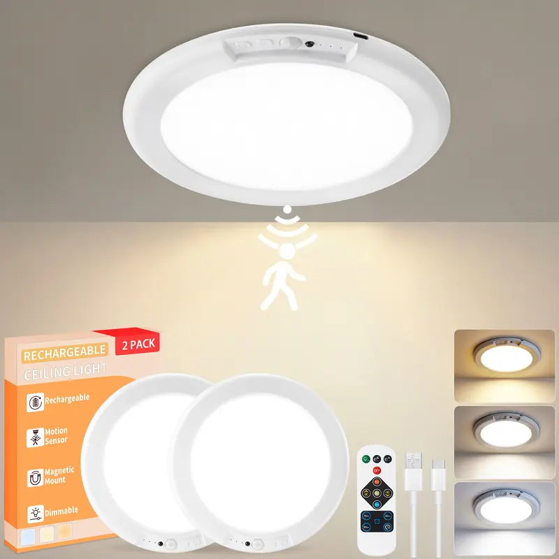 GIVRYES Rechargeable LED Ceiling Lights 2-Pack, 3 Color Modes, Motion Sensor with Remote, Wireless Magnetic Battery Operated Lighting, Automatic Sensor & Charging Port Lighting for Closet, Porch, Led Lights