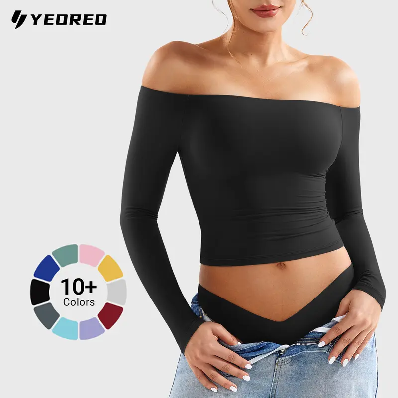 YEOREO Sophie Women's Buttery Soft Off-Shoulder Long Sleeve Double-Lined Y2K Party Night Out Top - Casual Cute Basic Sports & Outdoor Travel Essential