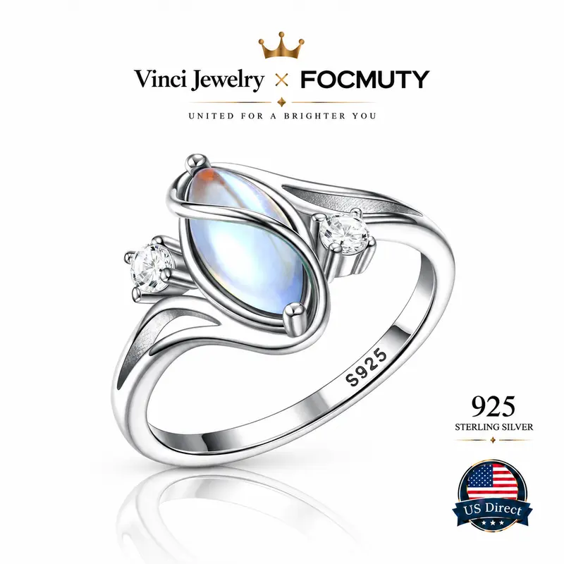 FOCMUTY 925 Ring mit synthetischem Mondstein und 5A-Zirkonia-Akzenten, Regenbogen-Schmuck für Damen und Mädchen, Geschenk zum Geburtstag, zu Weihnachten oder zum Muttertag, für Alltag und Partys