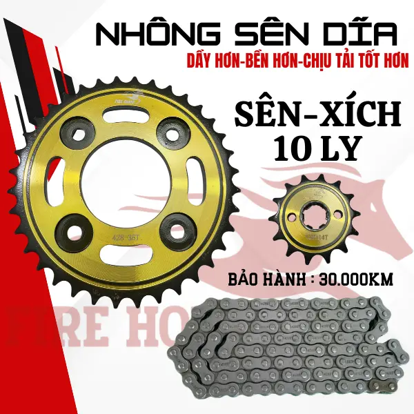 Bộ nhông sên dĩa FIRE HORSE 10LY vàng đen chịu tải, chịu kéo, thép C45 bền và chống ma sát tốt