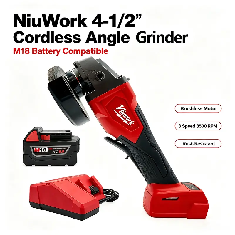 NiuWork Cordless 4-1/2 Inch Angle Grinder, Compatible with M18 Batteries, for Metal Cutting, Grinding and Polishing