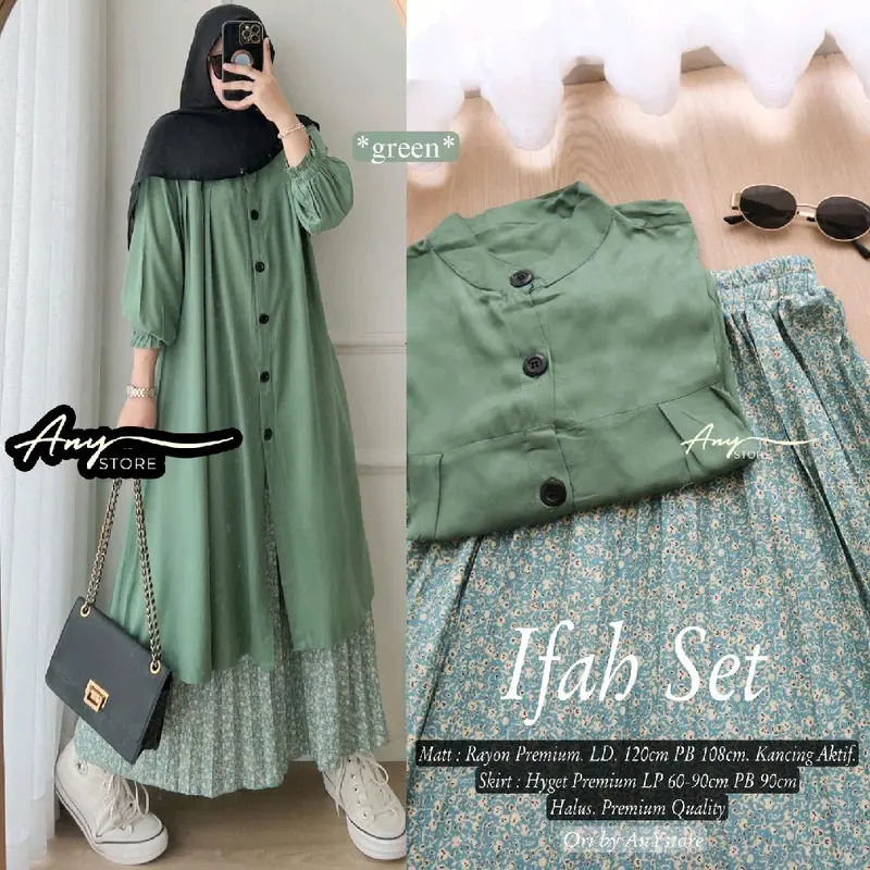 ifah one set tunik dan rok by A.N.Y store long tunik rayon rok plisket motif bunga skirt plisket floral tunik full kancing setelan wanita kekinian one set jumbo ld 110 xl xxl tunik busui outfit kampus kekiniaan