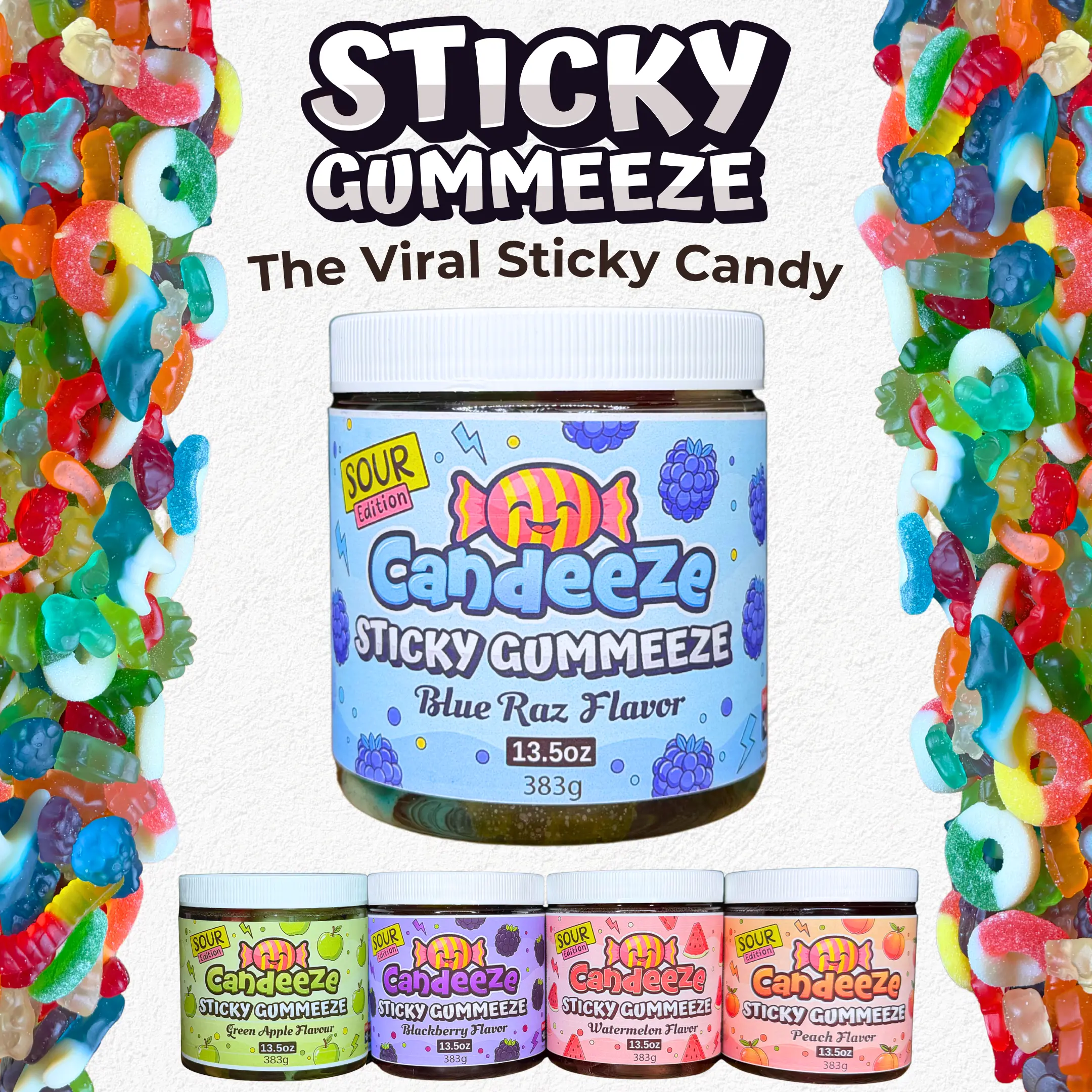 Bonbons gélifiés acidulés et collants Sour Sticky Gummeeze Candeeze’s, saveur extrême, bonbons acidulés viraux