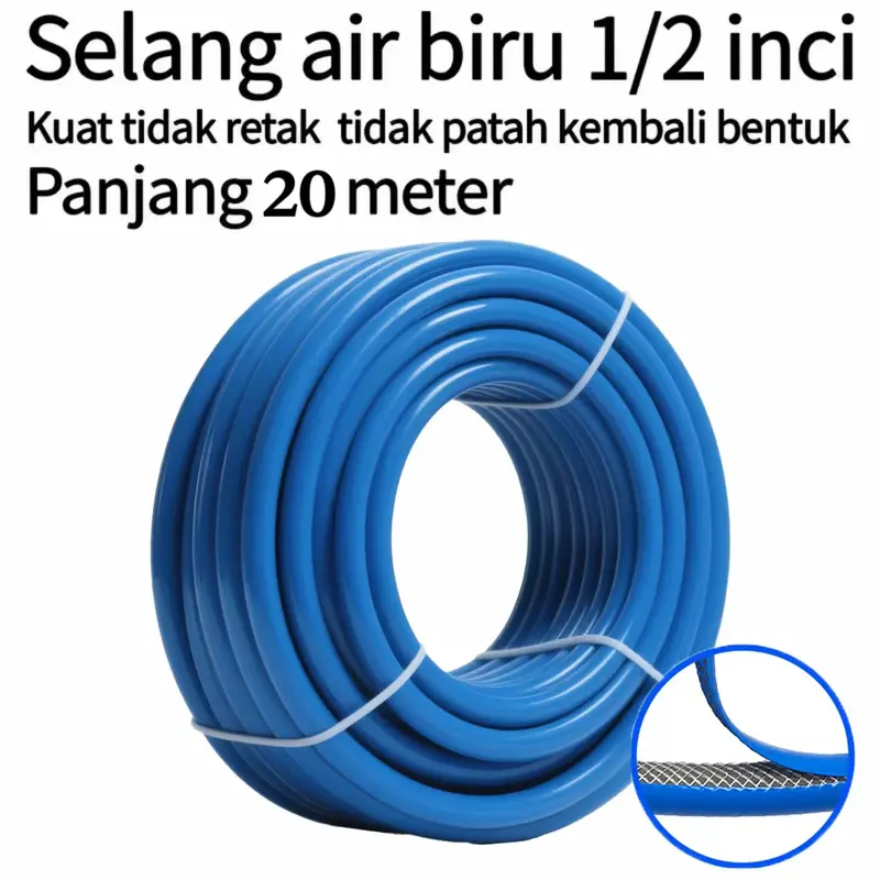 Blue 1/2-Inch Water Hose, 20 Meters, 3-Layer Fiber-Reinforced, Leak-Resistant and Pressure-Resistant
