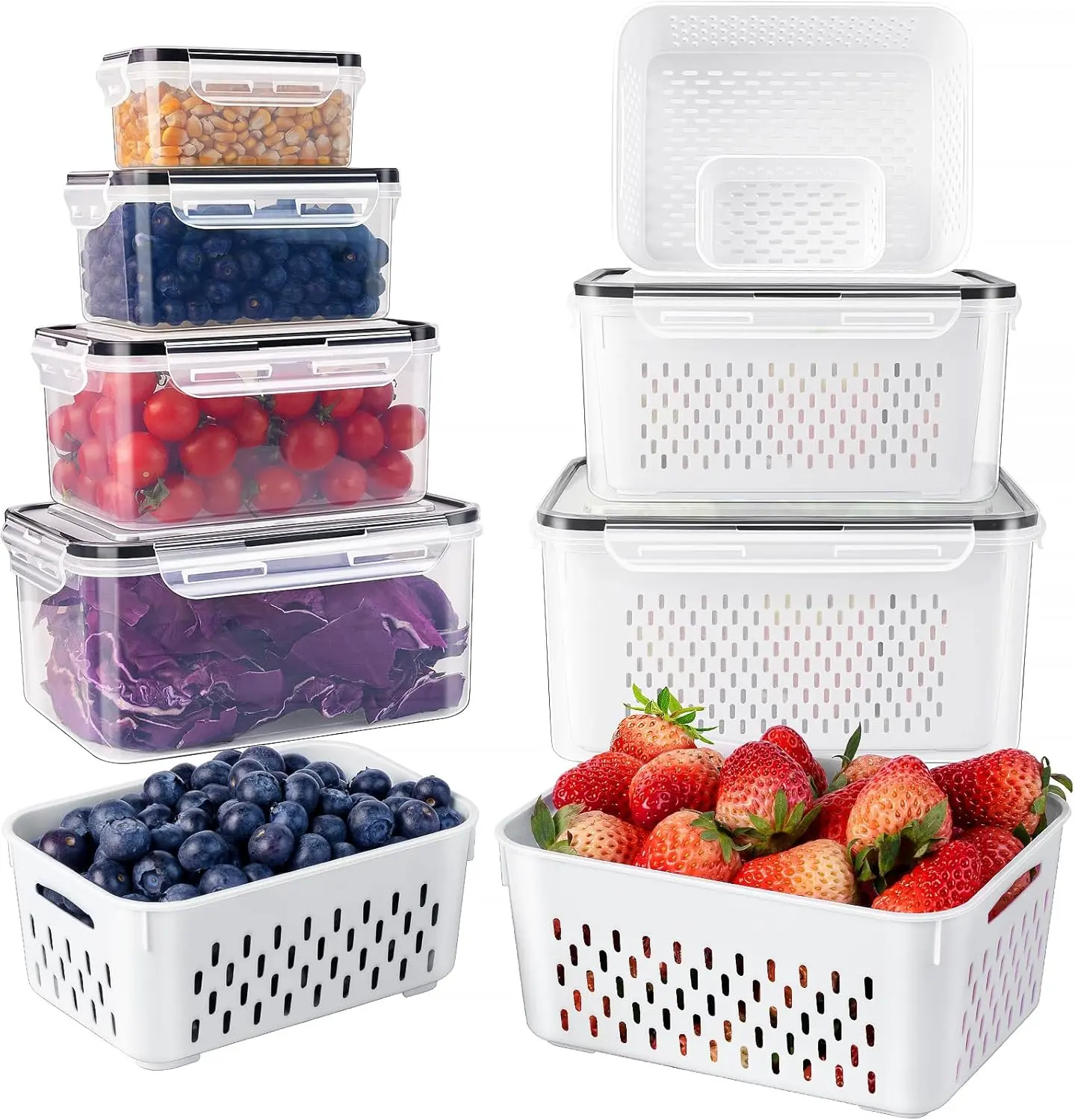 Lot de 8/10/12 grandes boîtes à fruits empilables pour réfrigérateur avec passoire amovible, sans BPA et hermétiques, pour conserver plus longtemps fruits, légumes, baies et viande