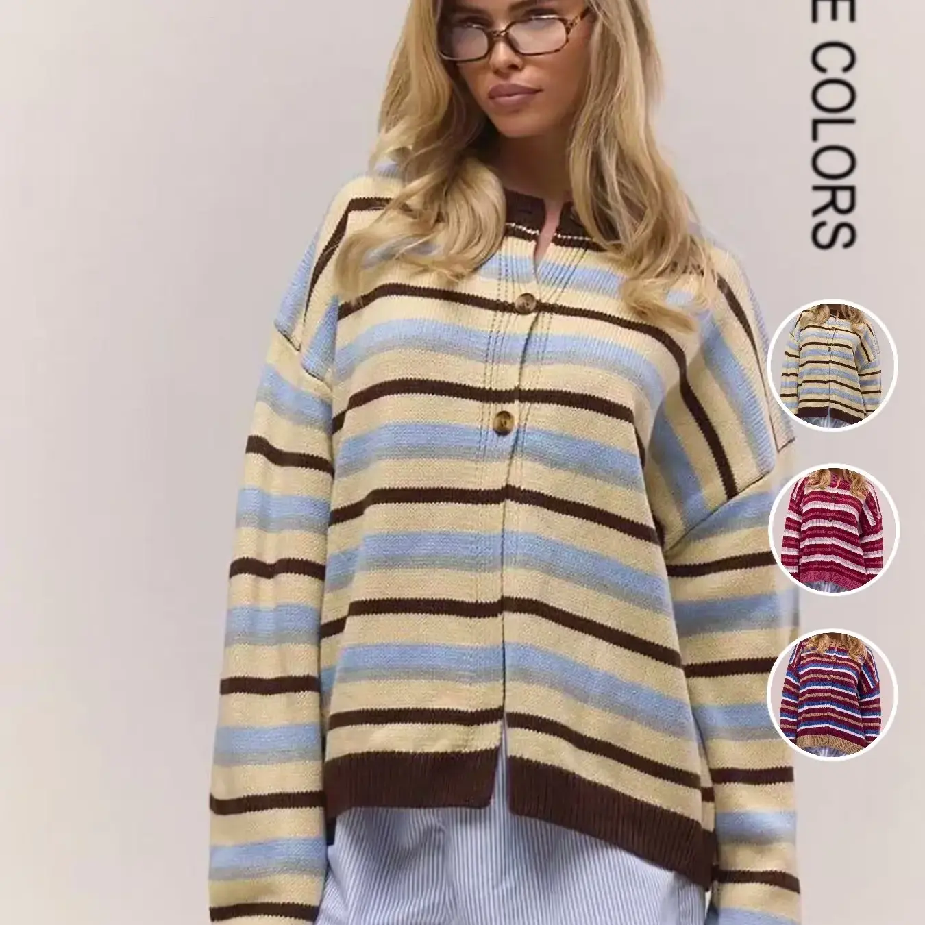 Women's Vintage Striped Colorblock Knit Cardigan, Loose-Fit Crew-Neck Sweater for Fall and Winter