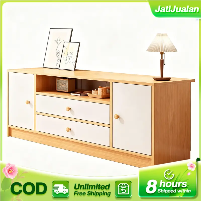 Meuble TV JAT2 en bois, blanc, avec rangement, pour salon