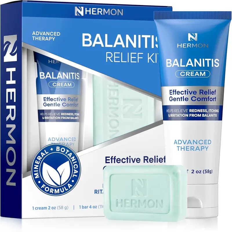 Hermon Male Balanitis Kit - Advanced Therapy Men's Skin Care Solution for Adults, Balanitis Treatment Kit with Witch Hazel, Ceramides, Clotrimazole to Soothe Redness, Itching, Irritation, Includes Storage Pouch, Botanical Formula