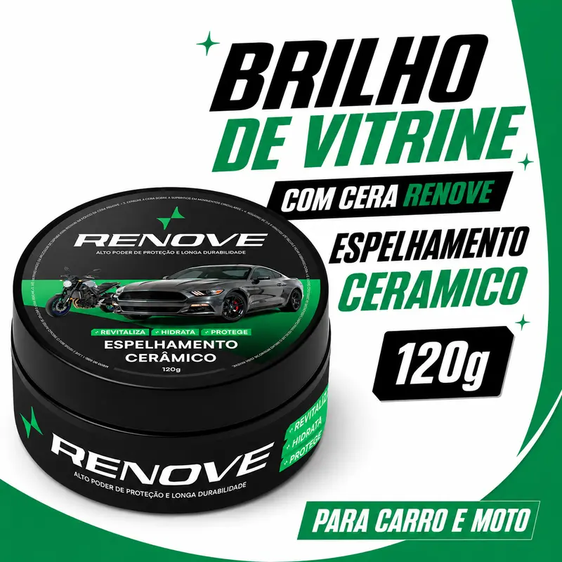 Cera Espelhamento Cerâmico Renove 120g - Wax Mobil untuk Mobil dan Motor, Kilap Tinggi, Perlindungan Cat dan Efek Menolak Air