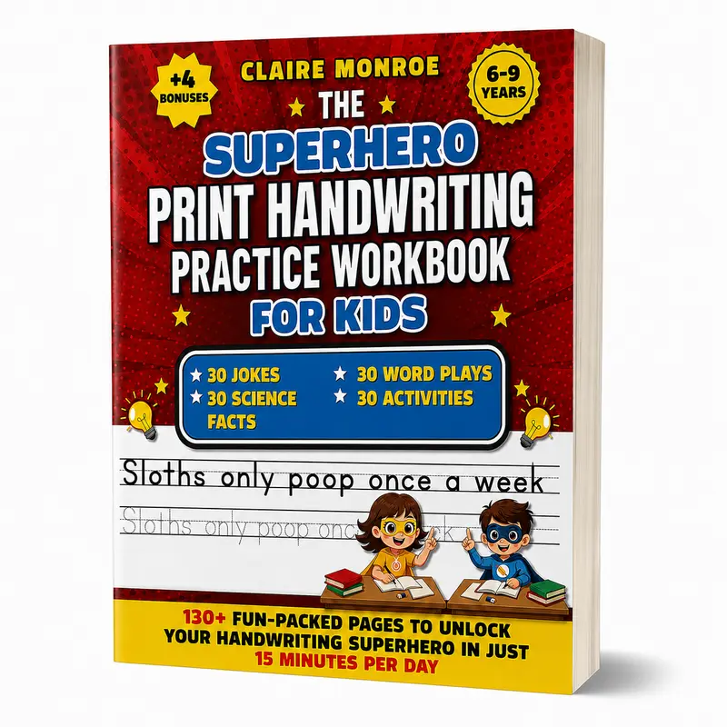 Claire Monroe Hero Theme Superhero Handwriting Workbook for Kids Ages 6-9 (Print/Paperback) - 130+ Pages of Step-by-Step Lettering, Fun Word Activities, Word Games Inside, Jokes, Science Facts - Adventure-Style Learning Materials, Bundle Options Available